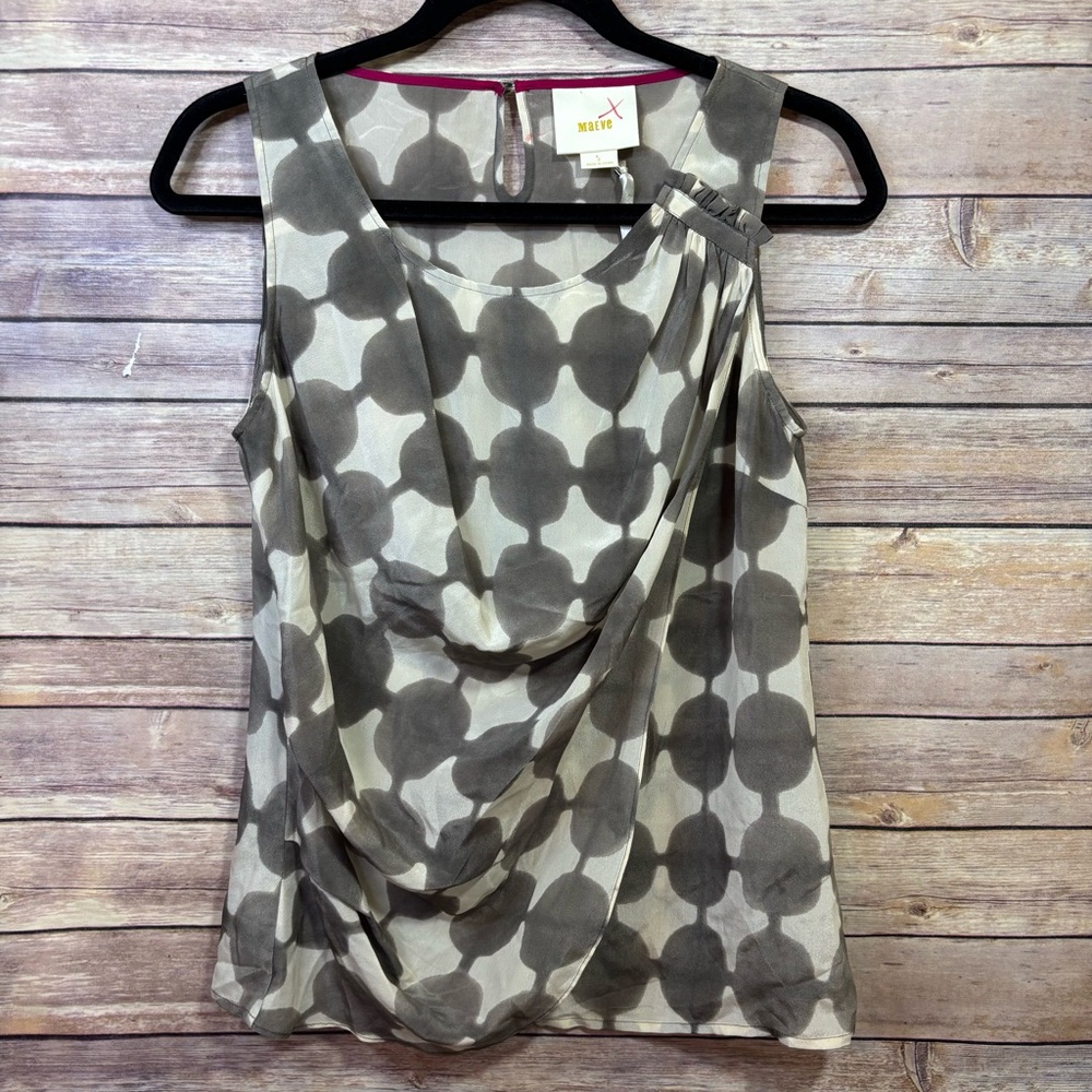 Maeve Anthropologie Gray and White Draped silk Top